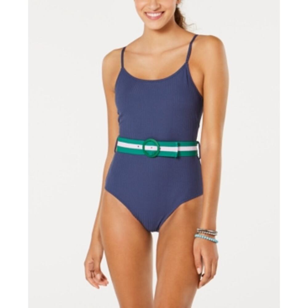 Jessica Simpson Belted One-Piece Swimsuit Rainbow Rib Dark Navy Size Small